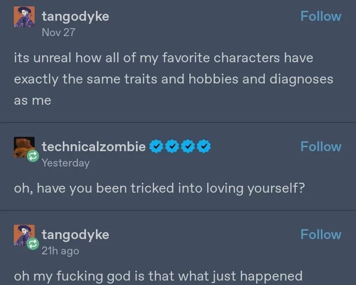Tricked into loving yourself by liking fictional characters - meme