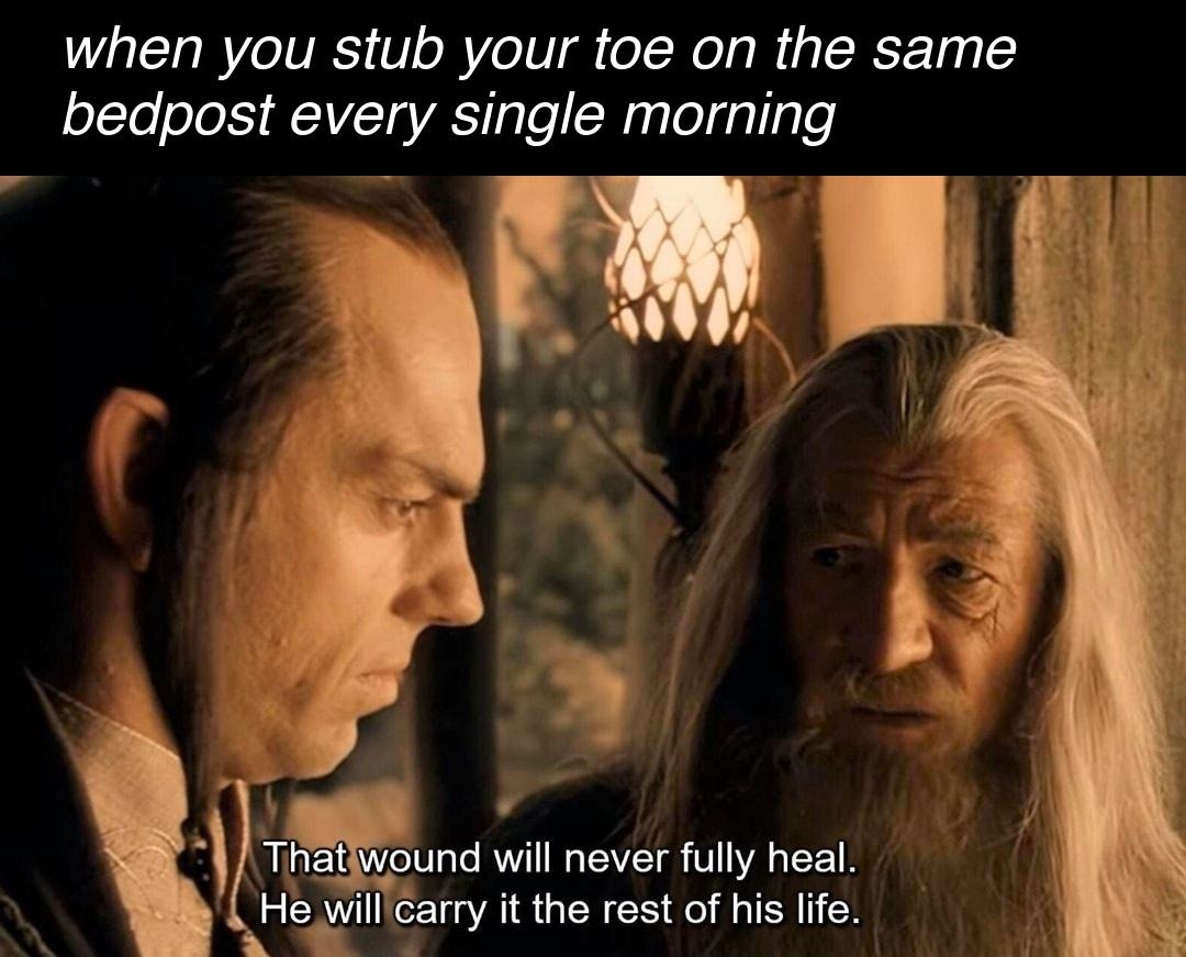 Stubbed toe gang knows that pain lives forever - meme
