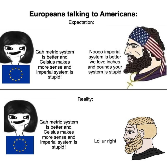 Europeans talking to Americans - meme