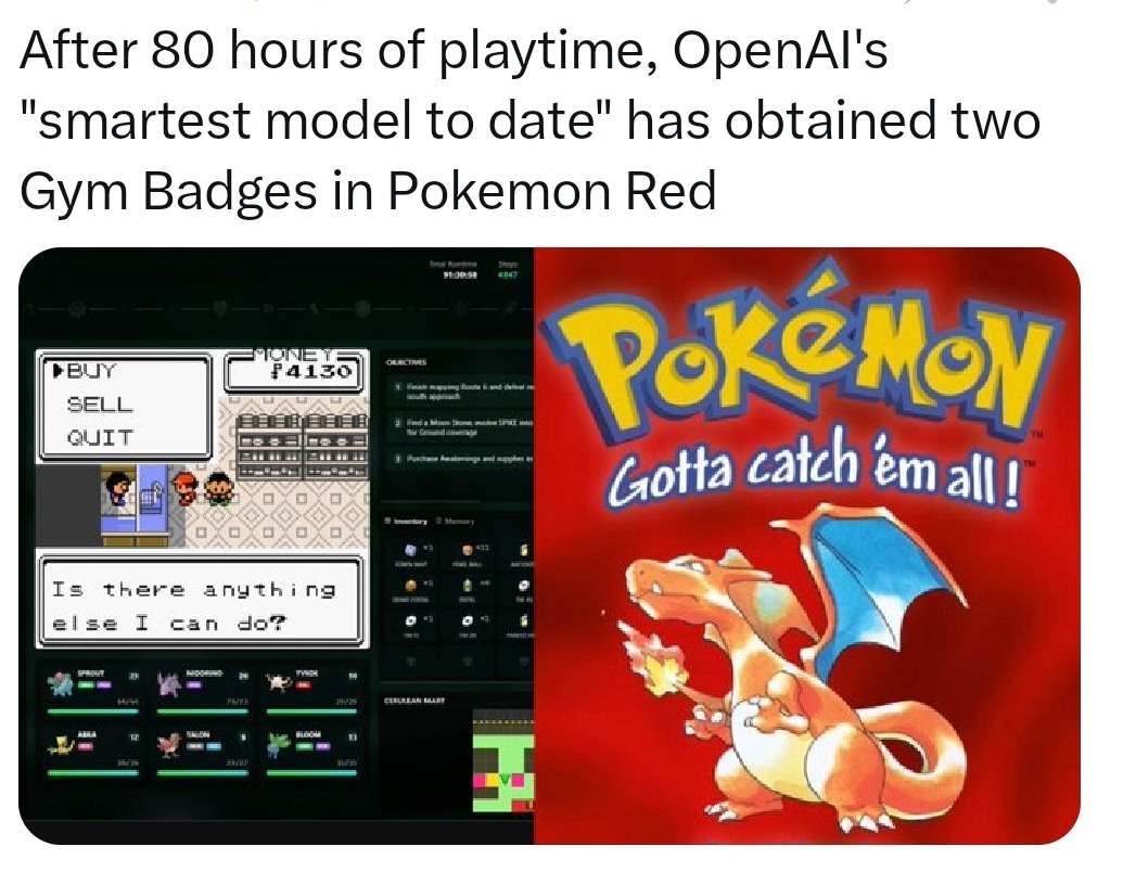OpenAI model got 2 badges in Pokémon after 80 hours - meme