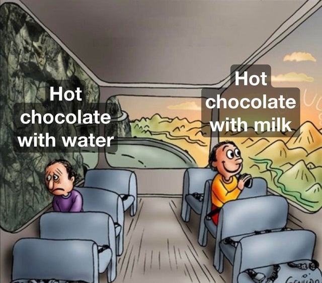 Hot cholocate with water or milk? - meme