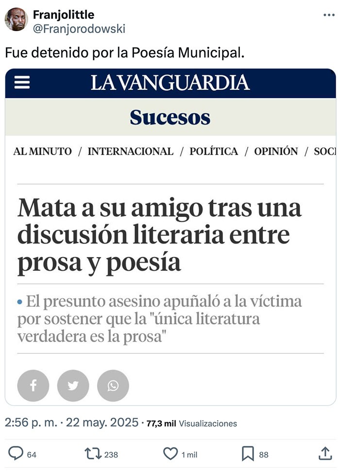 Lo apuñaló por decir que la prosa era mejor que la poesía... nivel discusión anime - meme