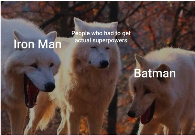 Laughing wolves meme with the superheroes
