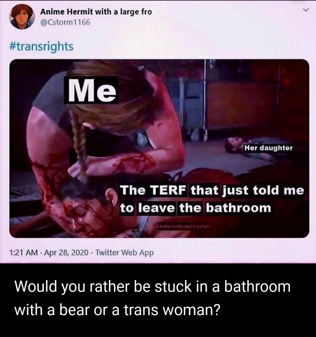 I guess the trans woman but only because the other option is a bear - meme