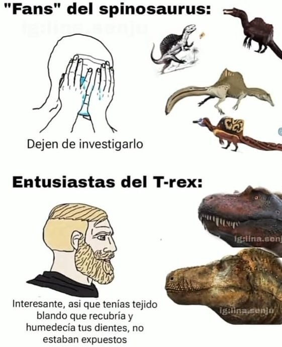 Fans del spinosaurus vs fans del T-rex discutiendo por cualquier cosa - meme