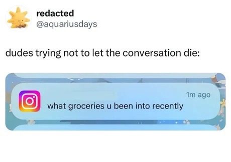 Dudes keeping convo alive: so… what groceries you into? - meme