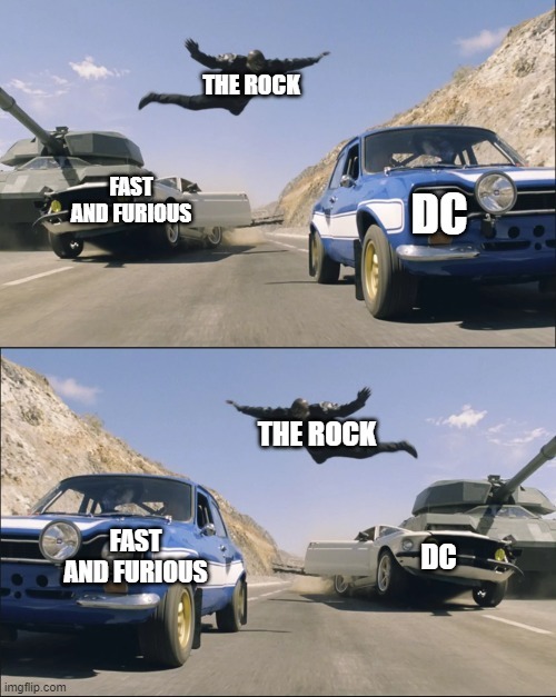 meme about the rock between dc movies and fast and furious movies