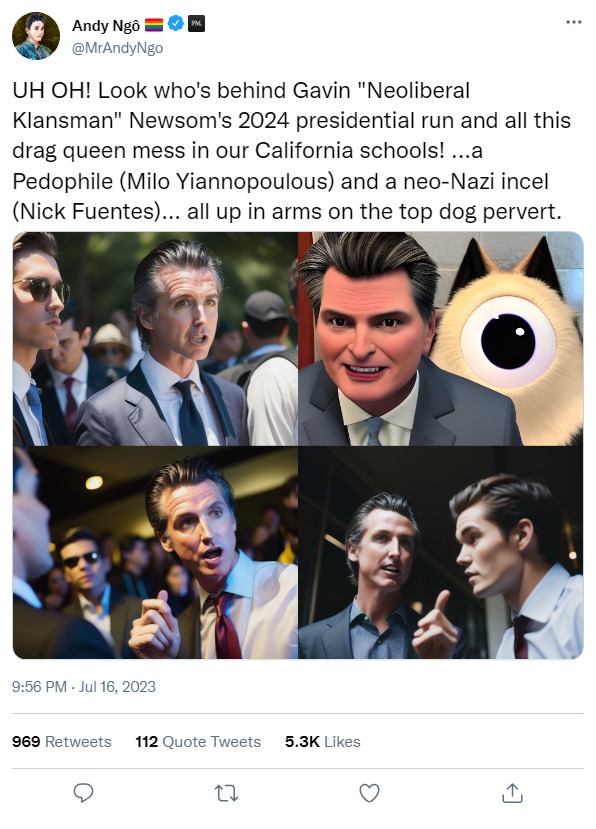 Andy Ngo roasting Gavin Newsom for his affiliation with Nick Fuentes and Milo Yiannopoulous - meme