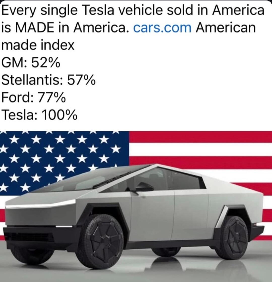 Every Tesla sold in the US is made in the US. Flex. - meme