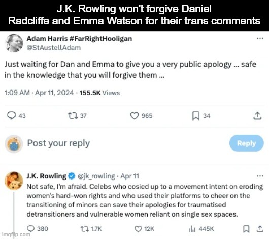 J.K. Rowling won't forgive Daniel Radcliffe and Emma Watson for their trans comments - meme