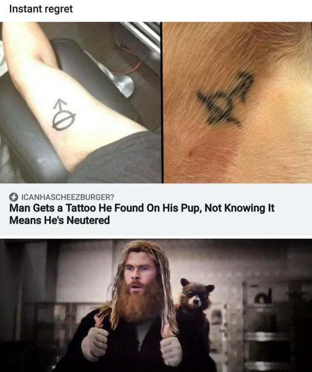 Man gets a tattoo he found on his pup not knowing it means he's neutered - meme