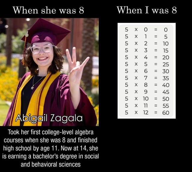 she was doing algebra at 8, I was eating glue sticks - meme