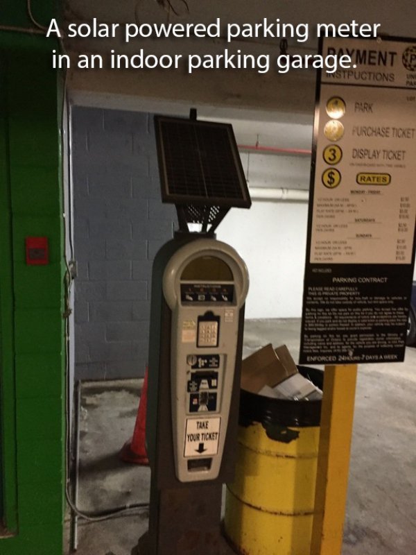 This is a solar powered parking metre, in a parking building - meme