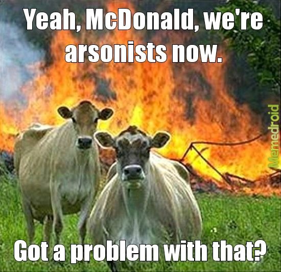 And on his farm he had two cows that liked to commit arson - meme