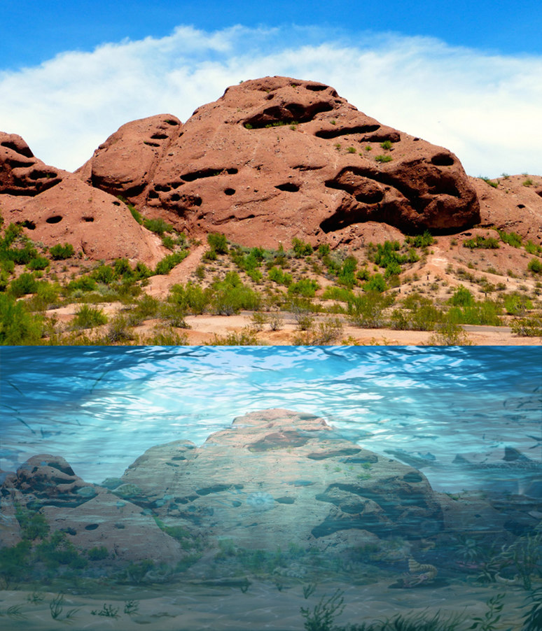 I made a picture edit today where I put Sedona underwater. It used to be underwater a very long time ago and its fun to imagine it underwater back then. Adamvenord7 suggested I post before and after. If you tilt ur screen right u can see more sea life. - meme