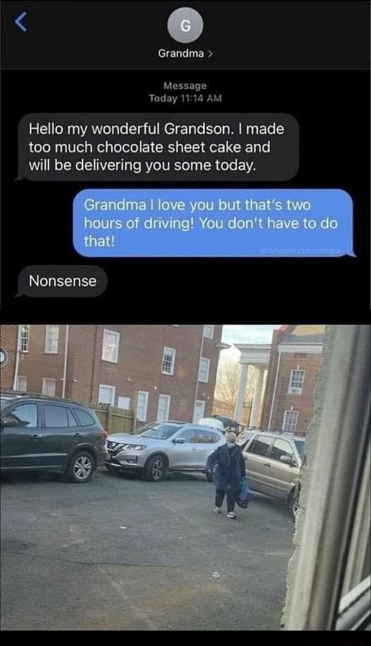granma taking food to grandson in august