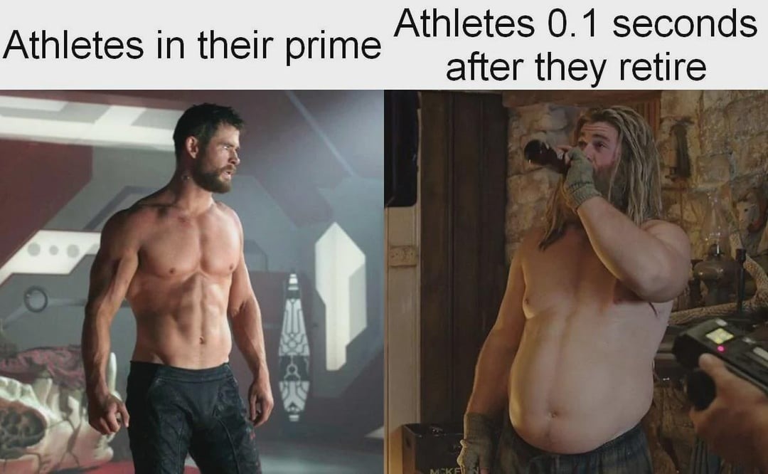 Athletes in their prime vs after they retire - meme