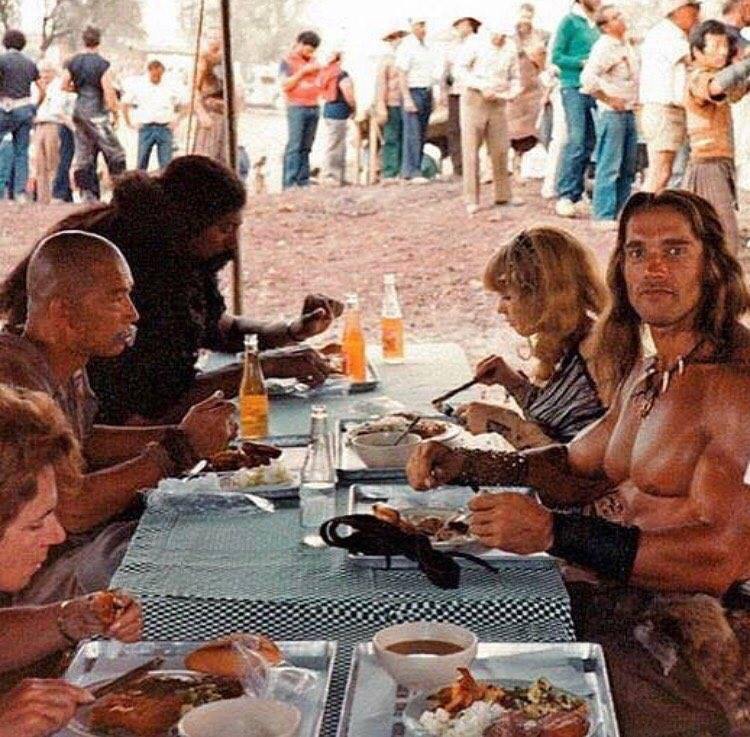Arnold Schwarzenegger and Wilt Chamberlain take lunch, Conan the Destroyer, 1983 - meme