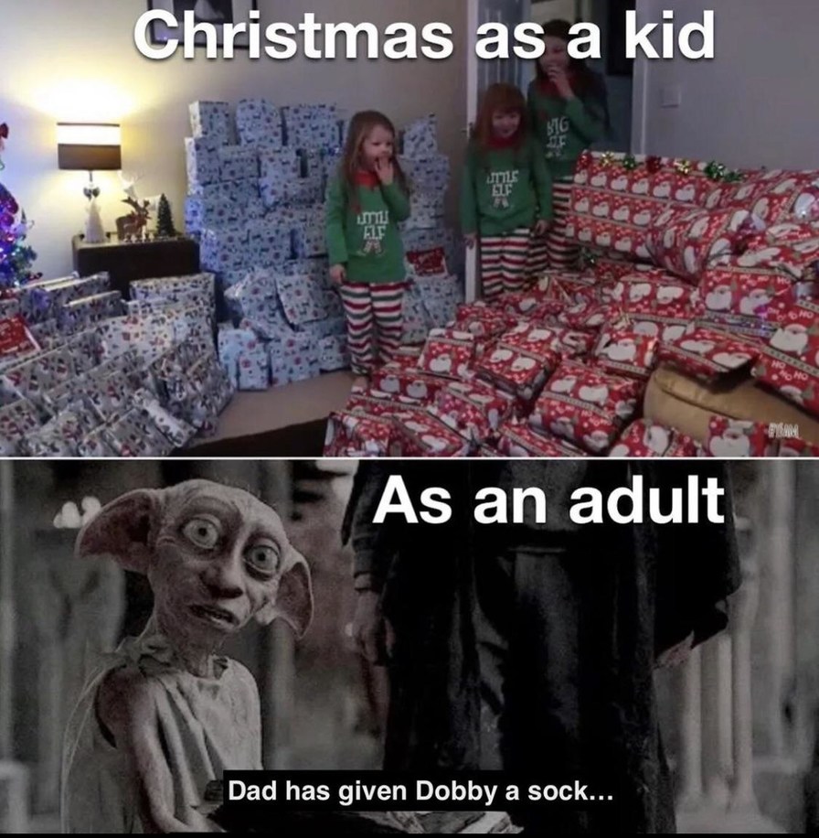 Christmas as a kid vs as an adult - meme