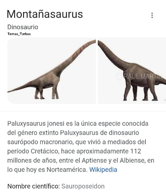 El género de dinosaurio en realidad es paluxysaurus, que es ampliamente aceptado como sinónimo de sauroposeidon. El chiste es que al estar esas dos imágenes juntas, parece una montaña. - meme