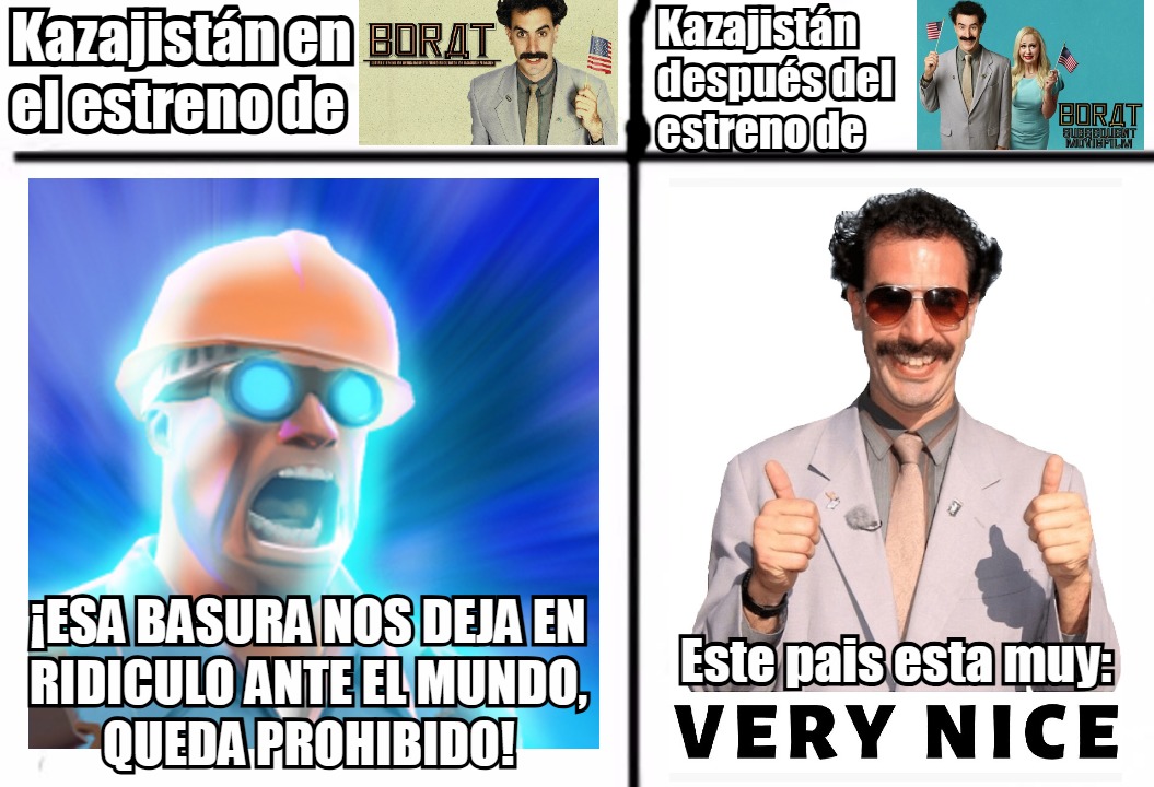 Contexto: El gobierno de Kazajistán prohibió la primera película de Borat por representar a Kazajistán de Antisemitas e ignorantes pero en 2020 el Ministerio de Turismo y Deportes de Kazajistán en sus campañas turísticas empleo la frase de Borat - meme