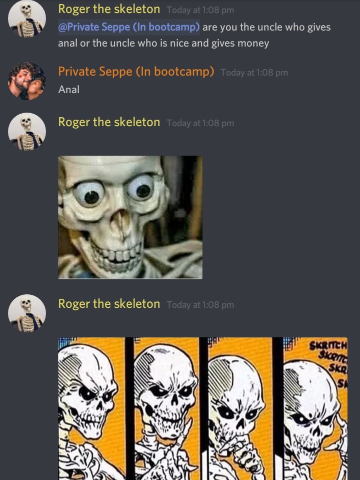 This may not be funny but I try to keep Roger the skeleton alive in discord - meme