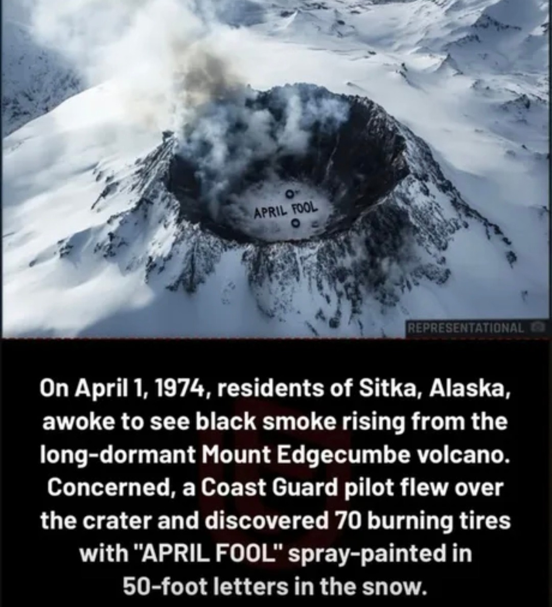 April Fools prank with burning tires in a volcano - meme