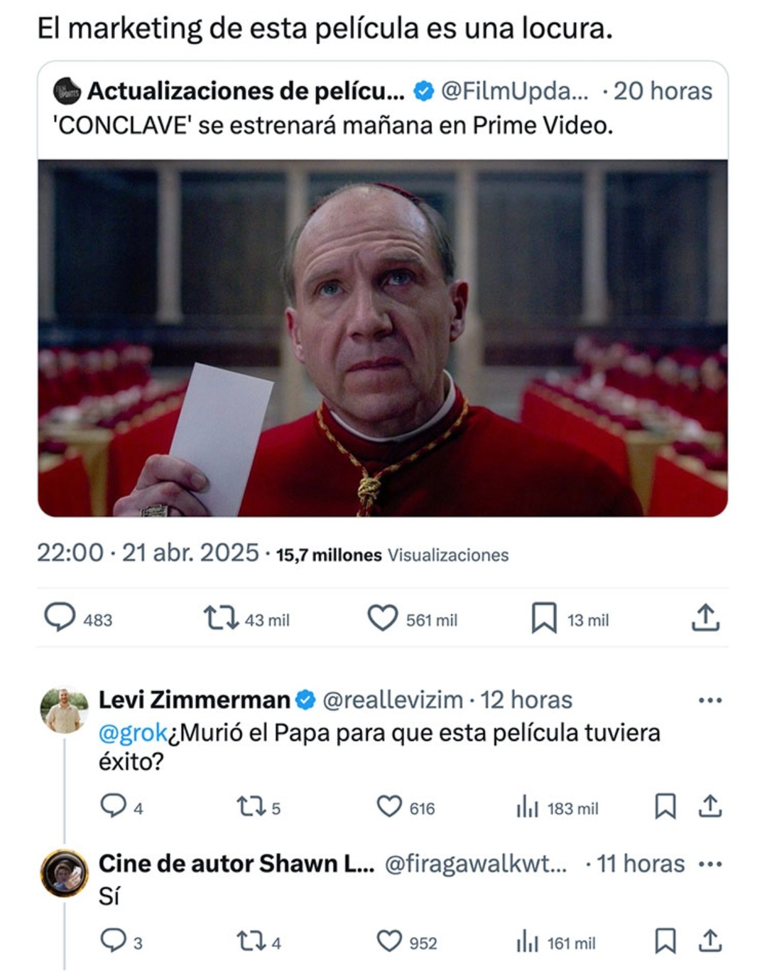 ¿Murió el Papa solo para darle promoción a la peli? meme de Conclave de netflix