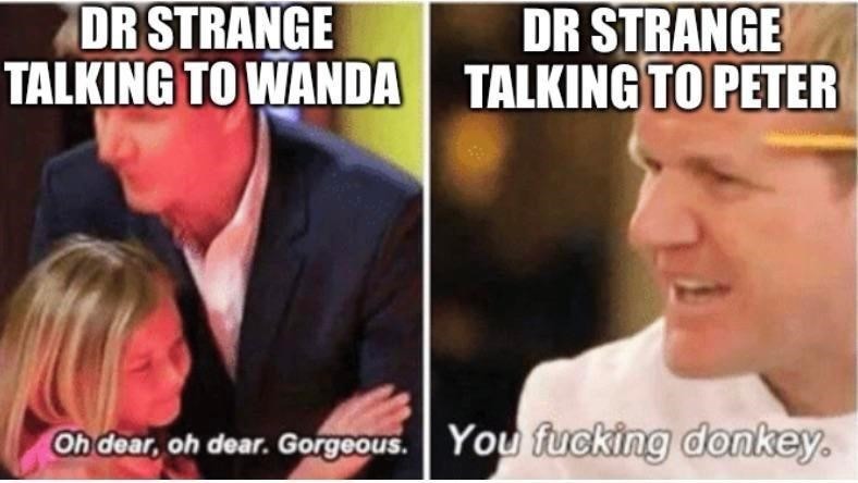 Dr Strange talking to Wanda vs Dr Strange talking to Peter - meme