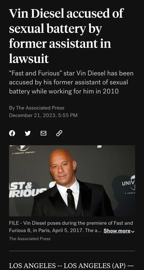 Asta Jonasson, former assistant of Vin Diesel, accused him of sexual battery - meme