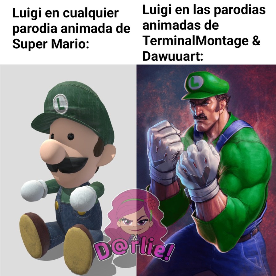 Contexto: En la mayoría de parodias animadas de Super Mario, Luigi siempre es retratado como un perdedor o el que suele ser humillado seguidamente, siendo los otros 2 animadores mencionados los que suelen salirse de ese molde. - meme