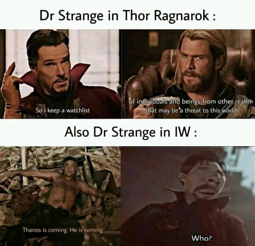 Dr Strange in Thor Ragnarok vs Dr Strange in IW - meme