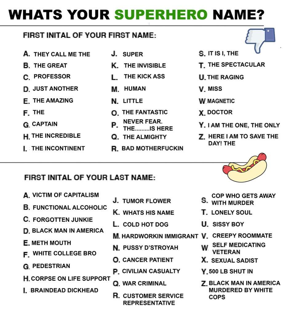 tell me your new super hero name! - meme