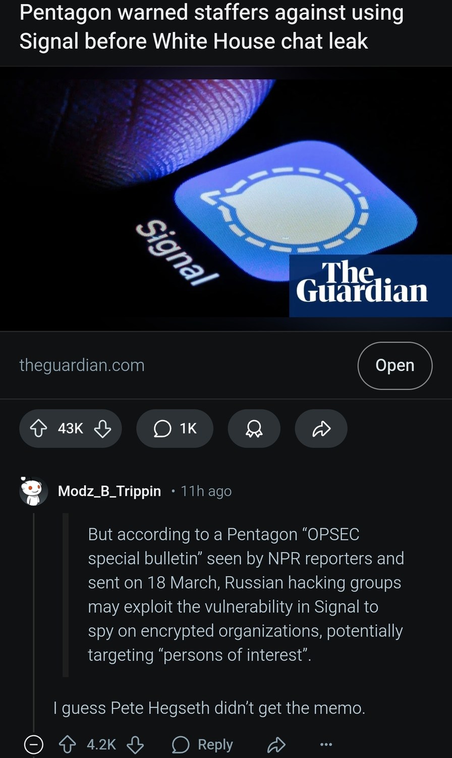 Pentagon warned everyone about Signal but Pete missed that email - meme