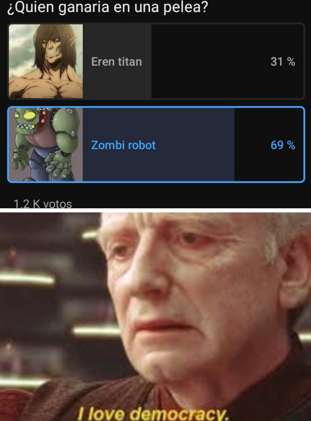 meme de una encuesta entre quien ganaria en una pelea entre eren titan y zombi robot