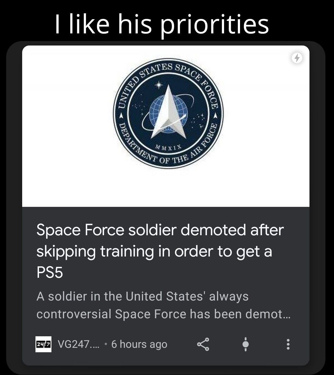 Space Force needs more gamers - meme