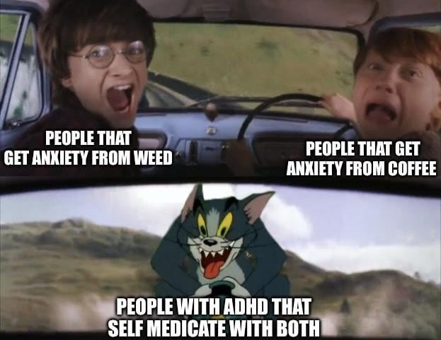 Anxiety squad: weed users, coffee addicts, ADHD warriors - meme