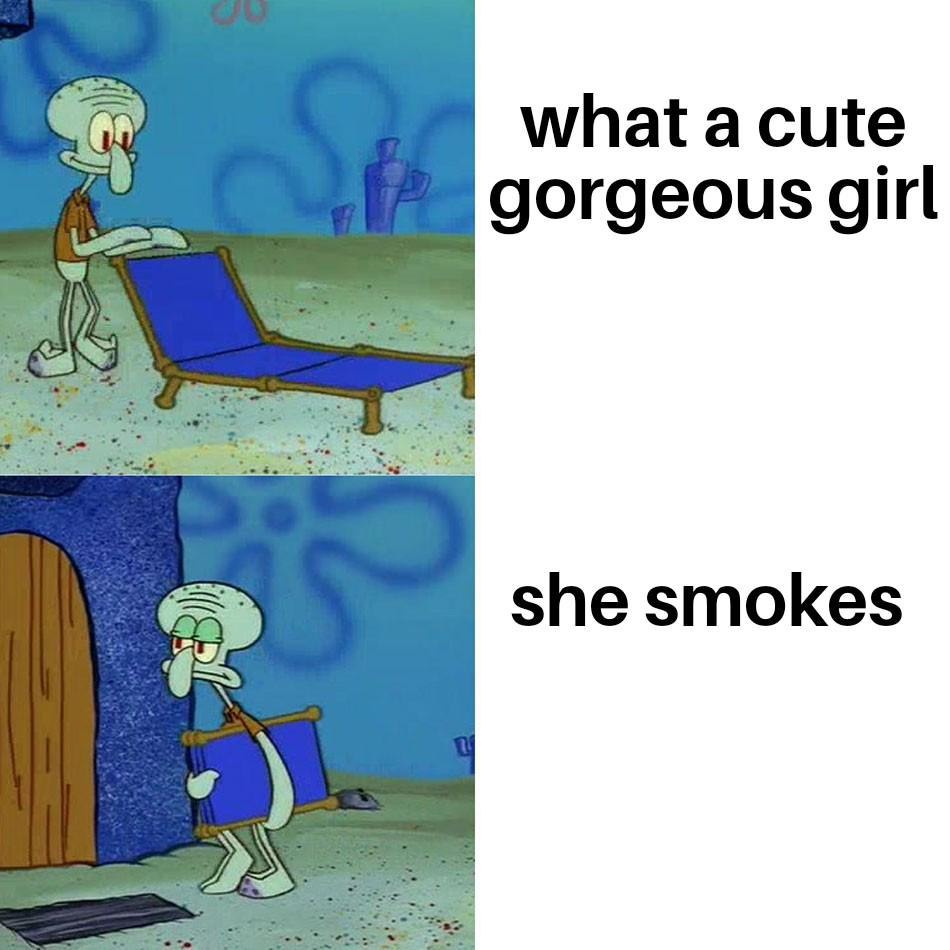 She's cute, gorgeous, and— wait… she smokes. End credits roll - meme