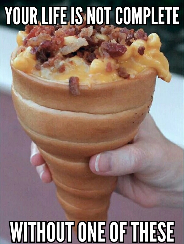 bread cone stuffed with mac and cheese with caramelized bacon - meme