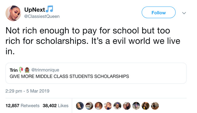 Not rich enough to pay for school but too rich for scholarships - meme