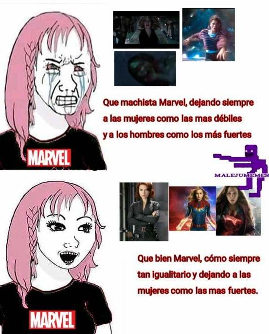 En fin feministas. PD: las de arriba son Gwen, MJ y Gamora cayendo y las de abajo son la Viuda Negra, Capitana Marvel y Bruja Escarlata - meme