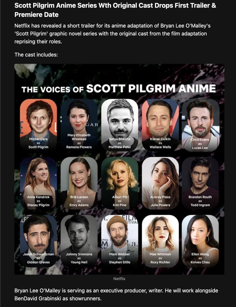 The Scott Pilgrim anime series, starring the original cast, has released its first trailer and will premiere on Netflix on November 17, 2023. - meme