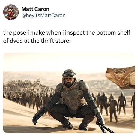 The DVD thrift squat is an elite shopper pose - meme