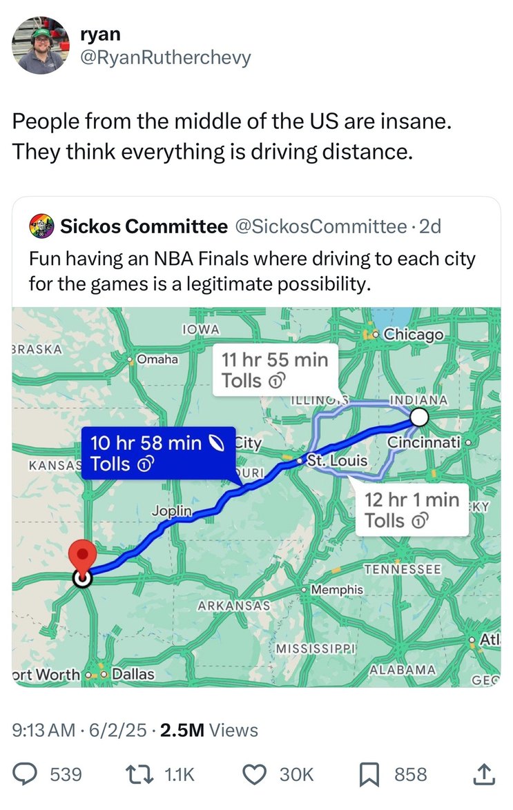 Midwest logic: If I can drive there, it’s close - meme