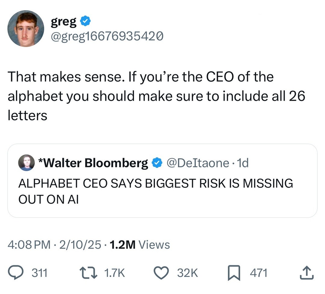 Alphabet CEO worried about AI. Better not forget Q this time - meme