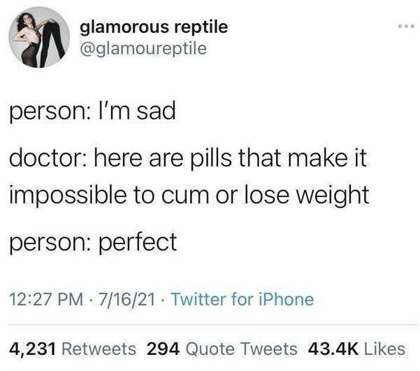 ﻿glamorous reptile @glamoureptile person: Im sad doctor: here are pills that make it impossible to cum or lose weight person: perfect 12.27 PM 7/16/21 Twitter for iPhone 4,231 Retweets 294 Quote Tweets 43.4K Likes