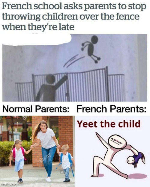 French school asks parents to stop throwing children over the fence when they're late - meme