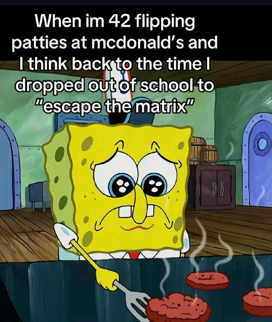 Escaping the matrix straight into fry station - meme