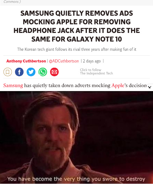 Samsung quietly removes ads mocking apple for removing headphone jack after doing the same - meme