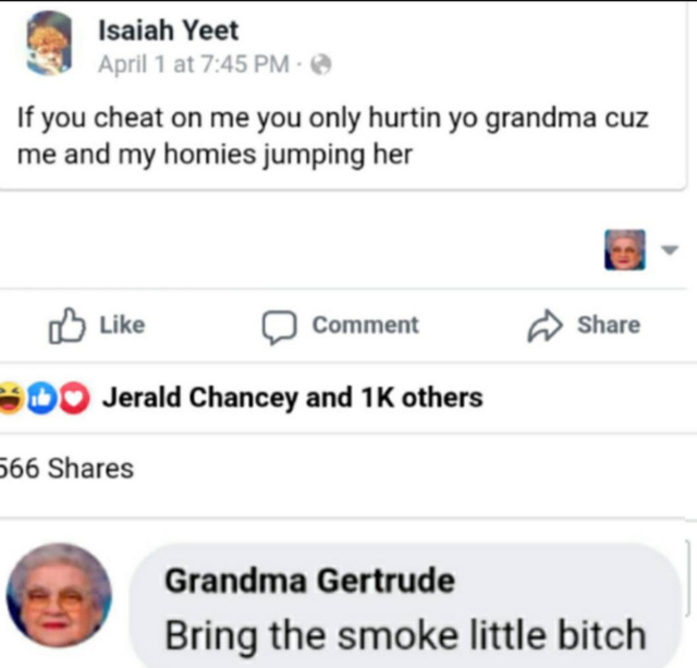 If you cheat on me you only hurtin yo grandma cuz me and my homies jumping her - meme